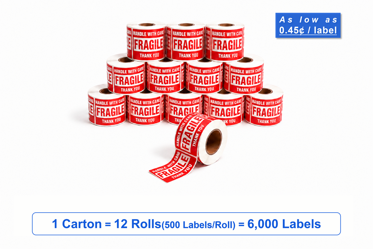 3" x 2" Fragile Shipping Stickers – 6,000 Labels(per carton), 12 Rolls × 500, Handle with Care Labels
