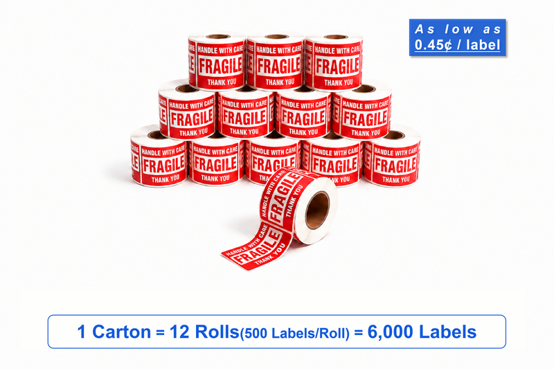 3" x 2" Fragile Shipping Stickers – 6,000 Labels(per carton), 12 Rolls × 500, Handle with Care Labels
