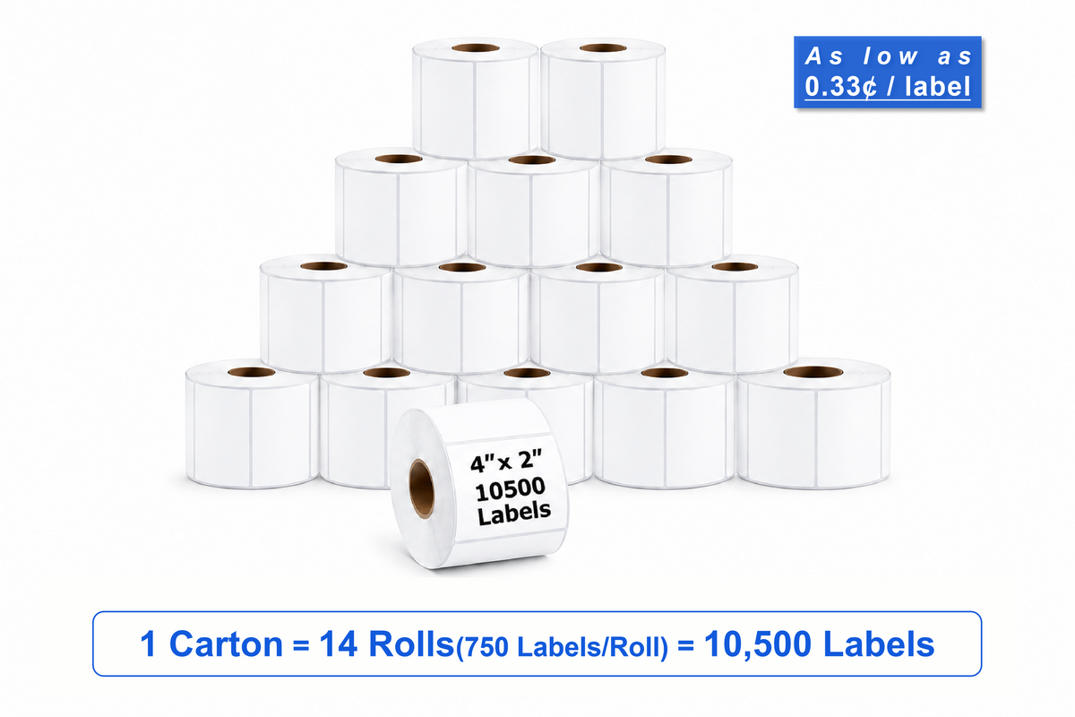 4" x 2" Direct Thermal Labels – 10,500 Labels(per carton), 14 Rolls × 750, White