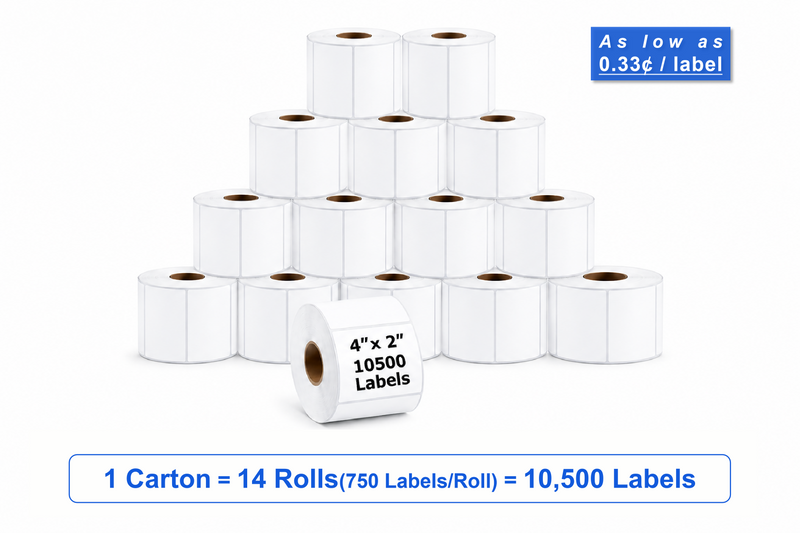 4" x 2" Direct Thermal Labels – 10,500 Labels(per carton), 14 Rolls × 750, White