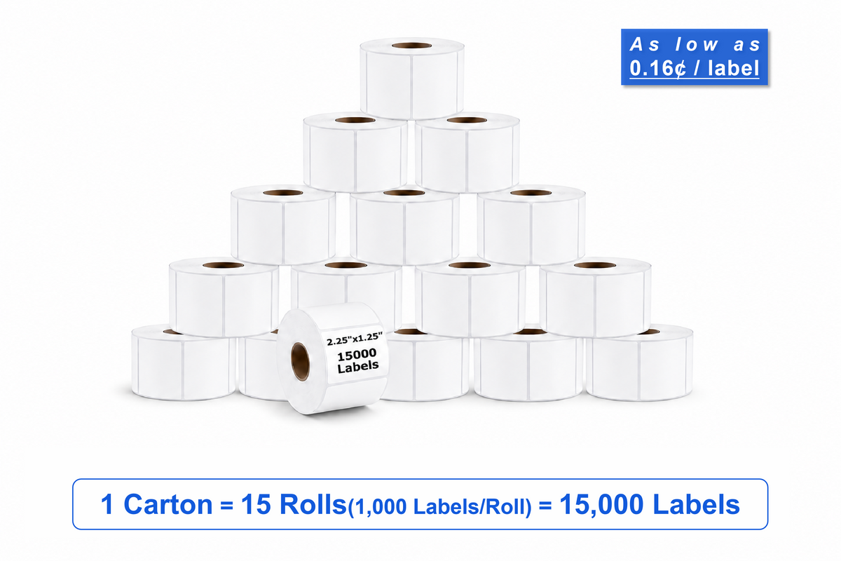 2.25" x 1.25" Direct Thermal Labels – 15,000 Labels(per carton), 15 Rolls × 1,000, White
