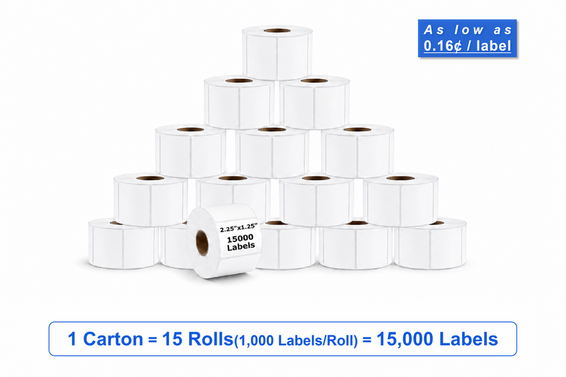 2.25" x 1.25" Direct Thermal Labels – 15,000 Labels(per carton), 15 Rolls × 1,000, White