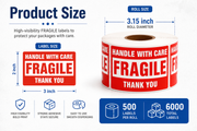 3" x 2" Fragile Shipping Stickers – 6,000 Labels(per carton), 12 Rolls × 500, Handle with Care Labels