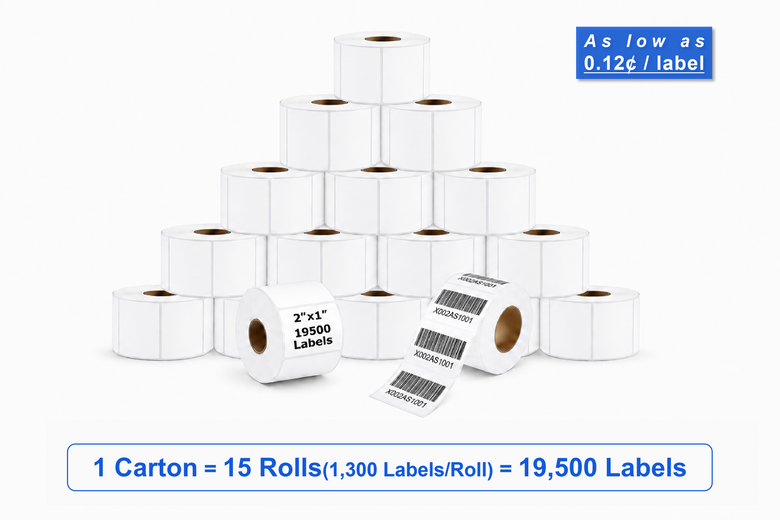 2" x 1" Direct Thermal Labels – 19,500 Labels(per carton), 15 Rolls × 1,300, White
