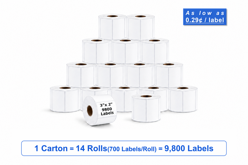 3" x 2" Direct Thermal Labels – 9,800 Labels(per carton), 14 Rolls × 700, White