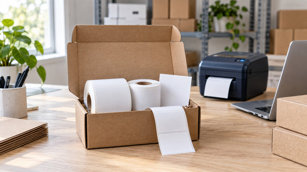 Illustrative thermal label sample kit on a packing workbench