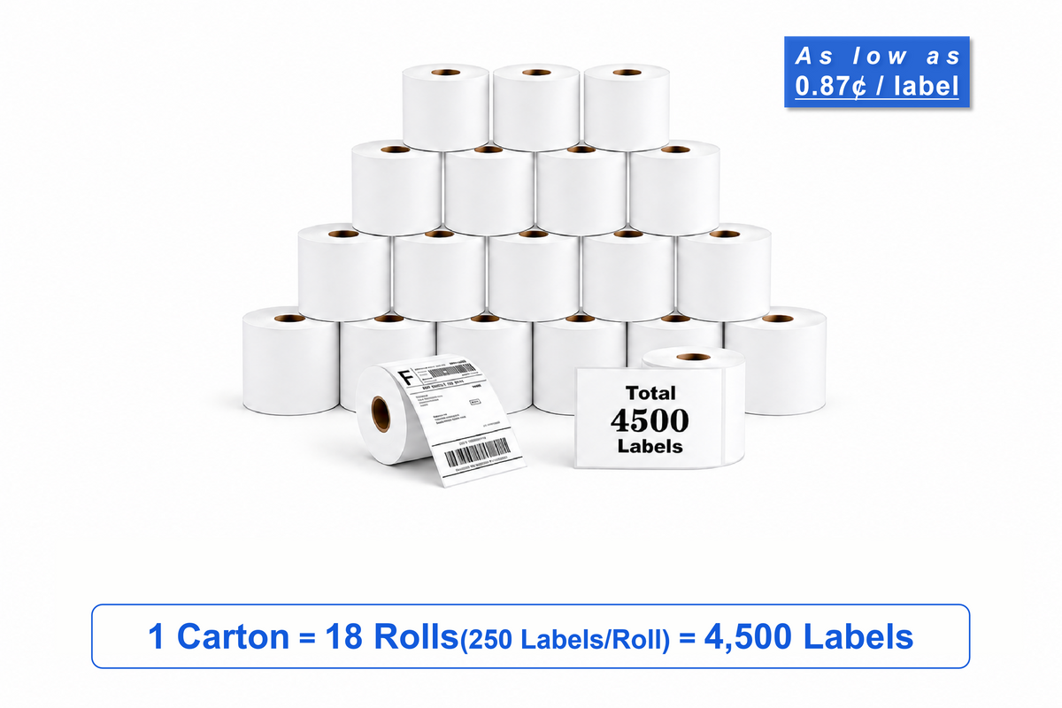 4" x 6" Direct Thermal Shipping Labels – 4,500 Labels(per carton), 18 Rolls × 250, 1.57" Core, White