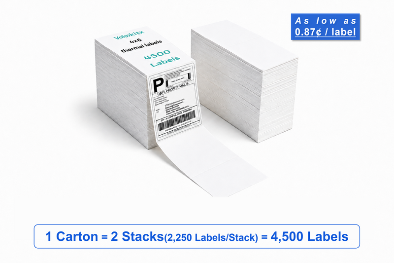 4" x 6" Fanfold Direct Thermal Shipping Labels – 4,500 Labels(per carton), 2 Stacks × 2,250, White