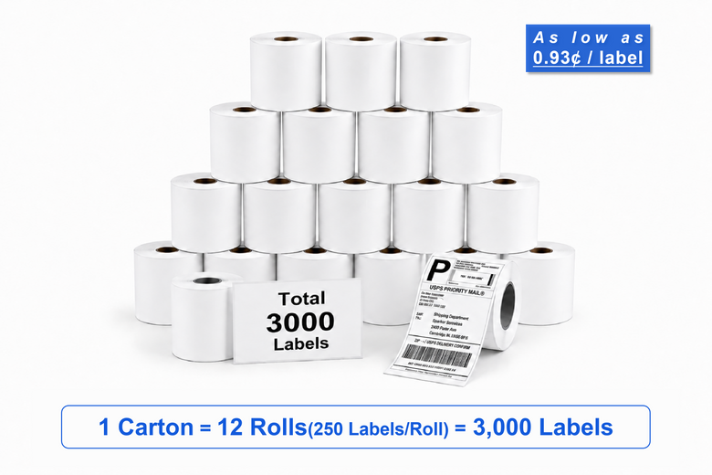 4" x 6" Direct Thermal Shipping Labels – 3,000 Label(per carton), 12 Rolls × 250, 1.57" Core, White