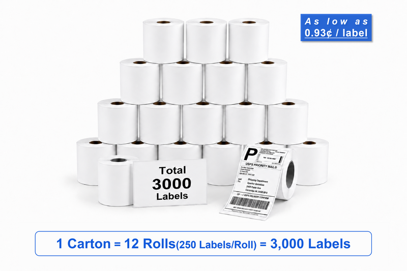 4" x 6" Direct Thermal Shipping Labels – 3,000 Label(per carton), 12 Rolls × 250, 1.57" Core, White