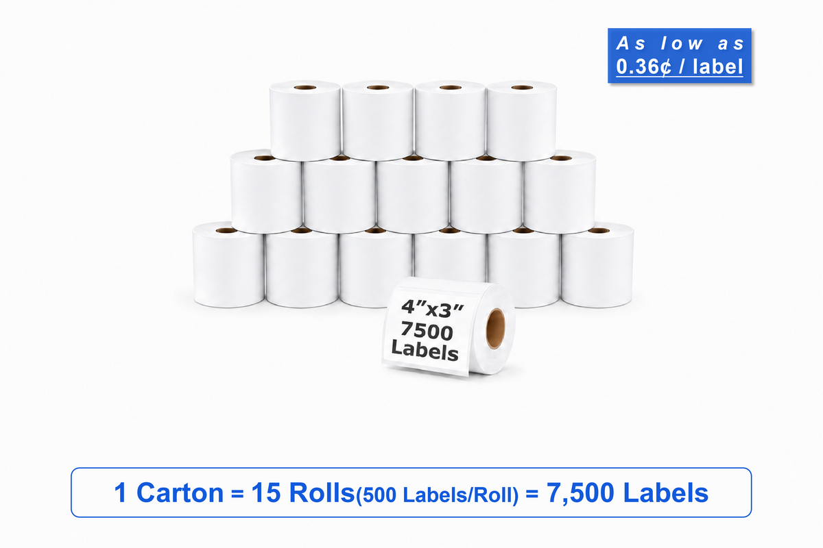 4" x 3" Direct Thermal Labels – 7,500 Labels(per carton), 15 Rolls × 500, White
