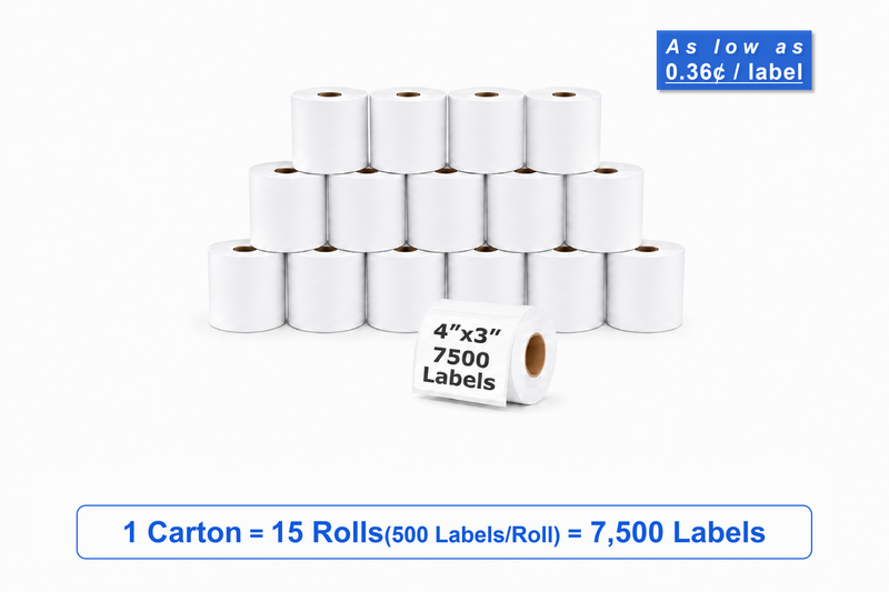 4" x 3" Direct Thermal Labels – 7,500 Labels(per carton), 15 Rolls × 500, White