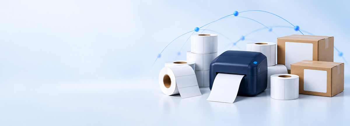 Illustration of thermal label rolls, a navy label printer and shipping boxes connected by blue arcs.